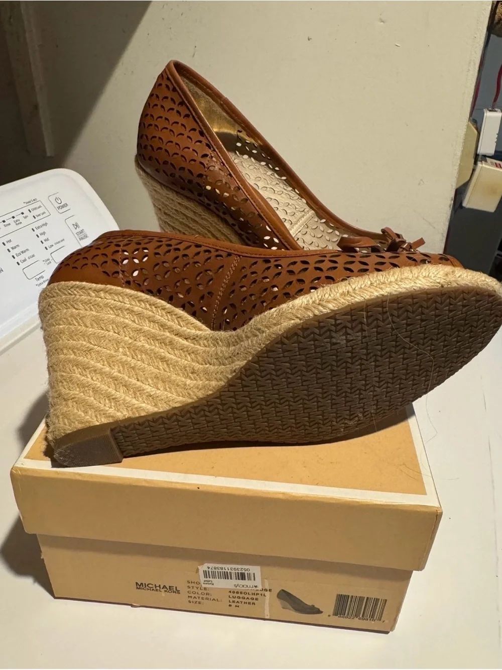 Michael Kors Cognac Perforated Leather Espadrille Wedge Peep-Toe